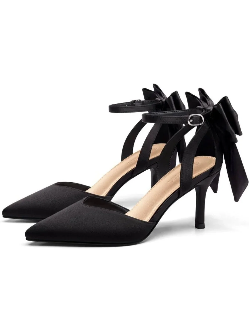 Women's Black Closed Pointed Toe Pumps Bow Ankle Strap Kitten Wedding Heels Shoe